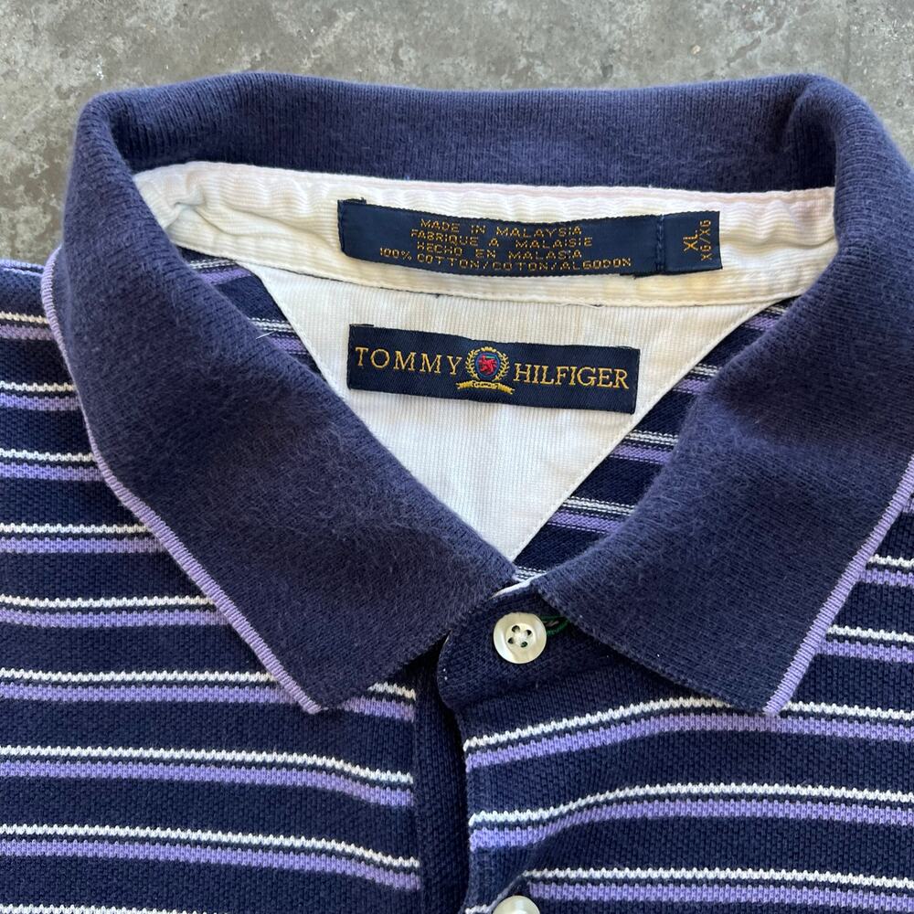 Tommy Hilfiger Vintage 90s Crest Polo Shirt Mens XL Navy Purple Stripe Cotton - Picture 3 of 7